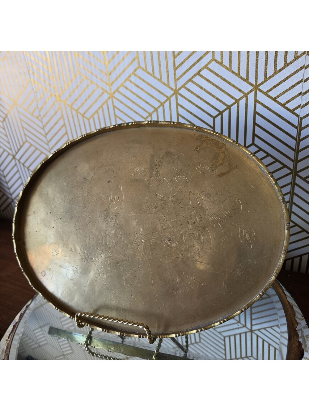 Vintage Solid Brass Oval Tray Etched Asian Scene 13" X 9"